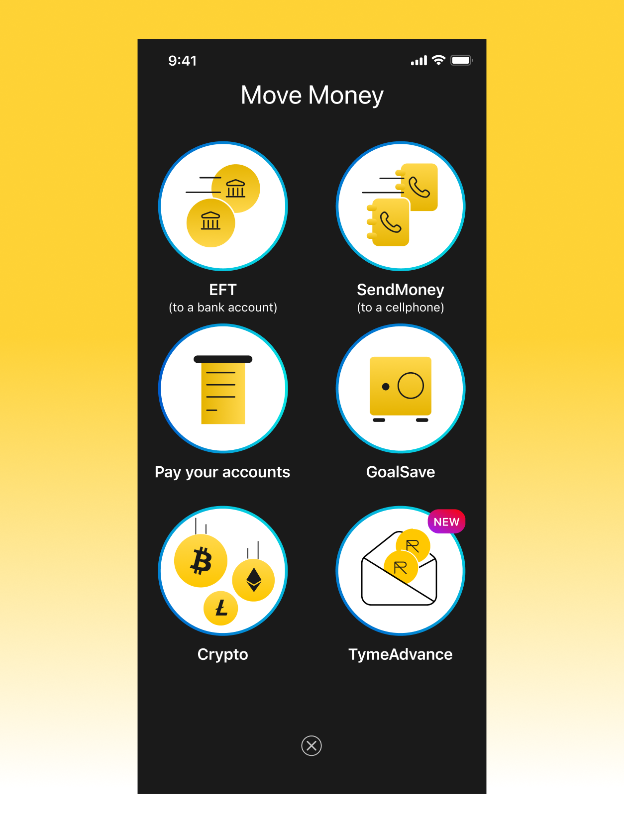 Crypto as one of six actions in the Move Money menu